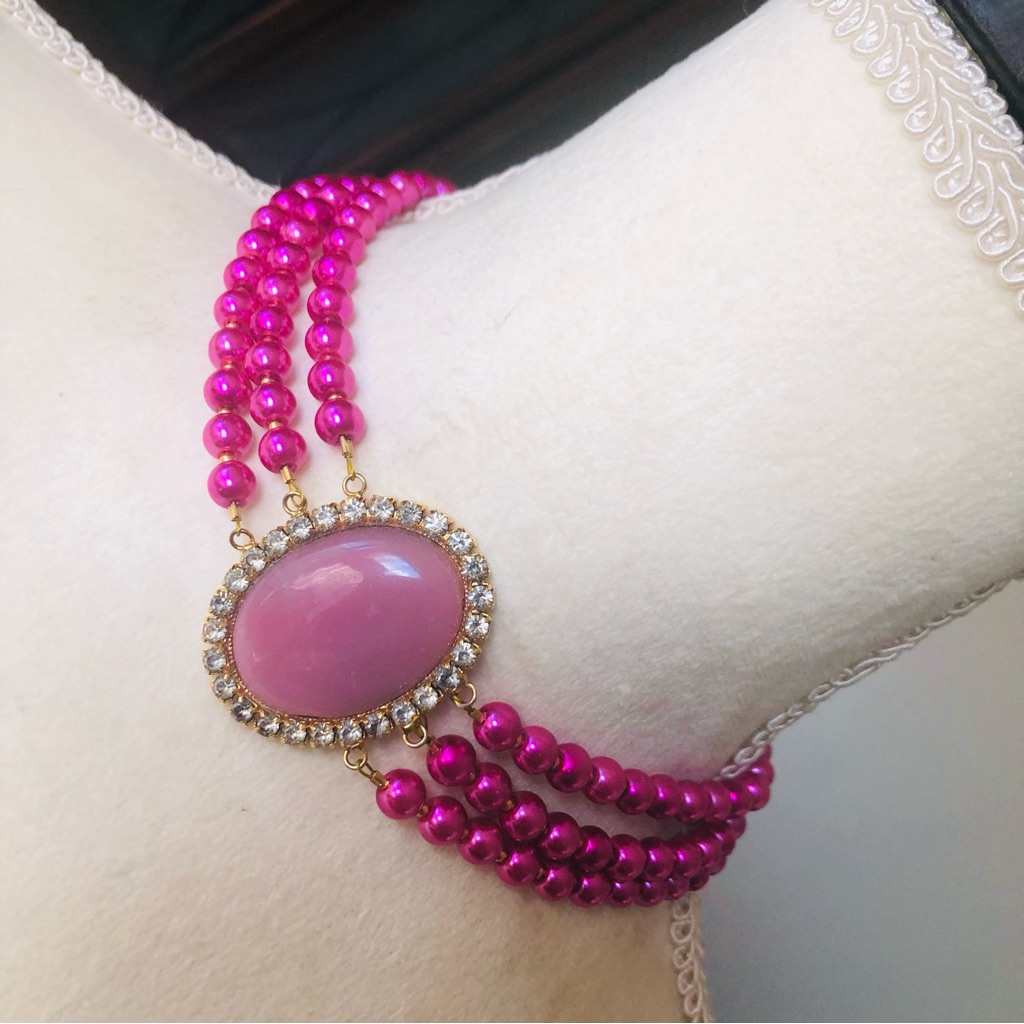 Handcrafted Repurpose Elegant Triple Strand Fuchsia Czech Glass Pearl Necklace